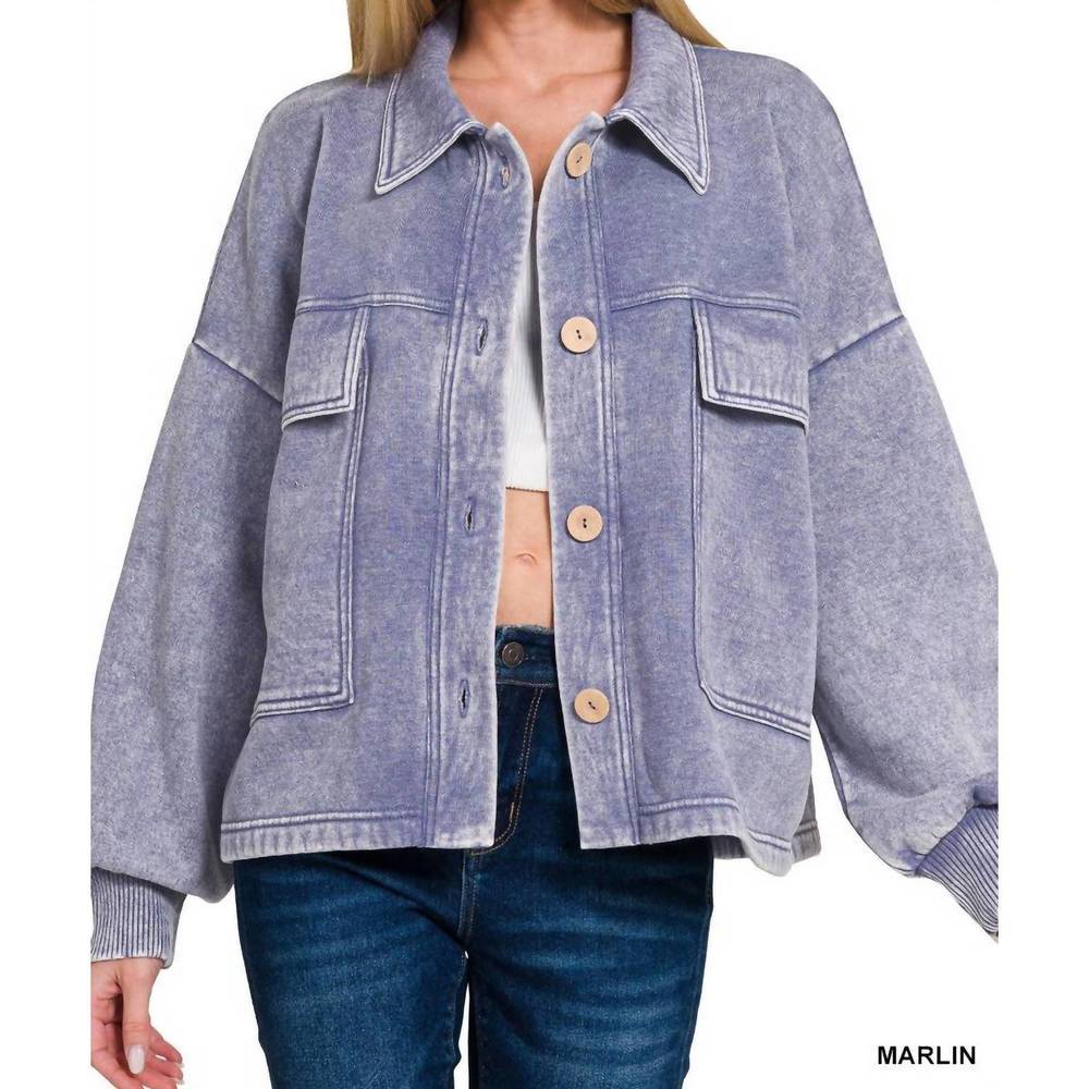 NEW ZENANA acid wash fleece cropped shacket with front pockets in marlin